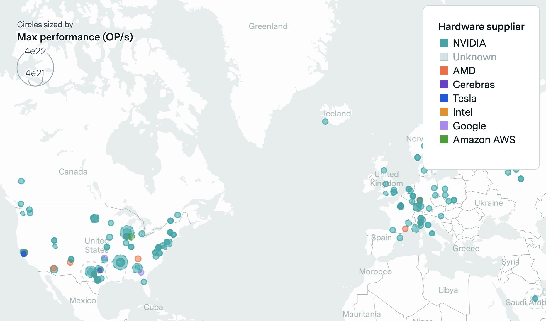 Map showing global distribution of AI supercomputers by hardware supplier